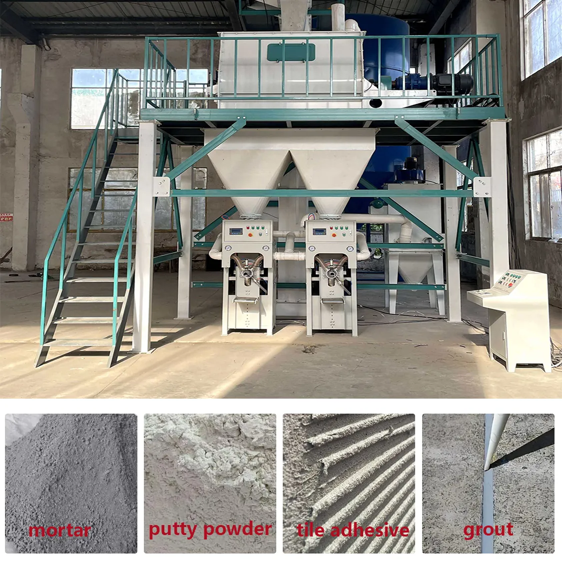 Dry mortar production line with examples of mortar, putty powder, tile adhesive and grout applications