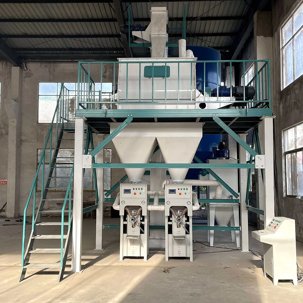 Two-level dry mortar mixing line with dual packing outlets