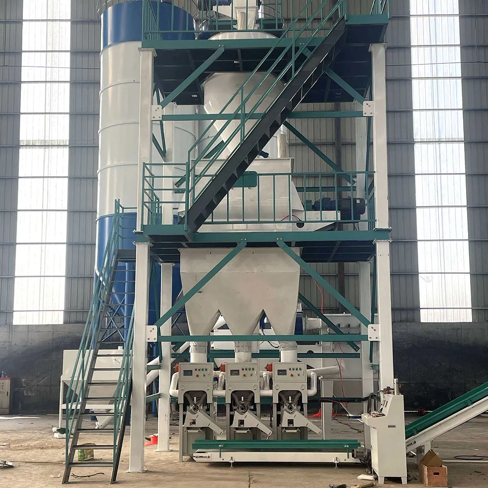 Vertical tower dry mortar production line with packing machines